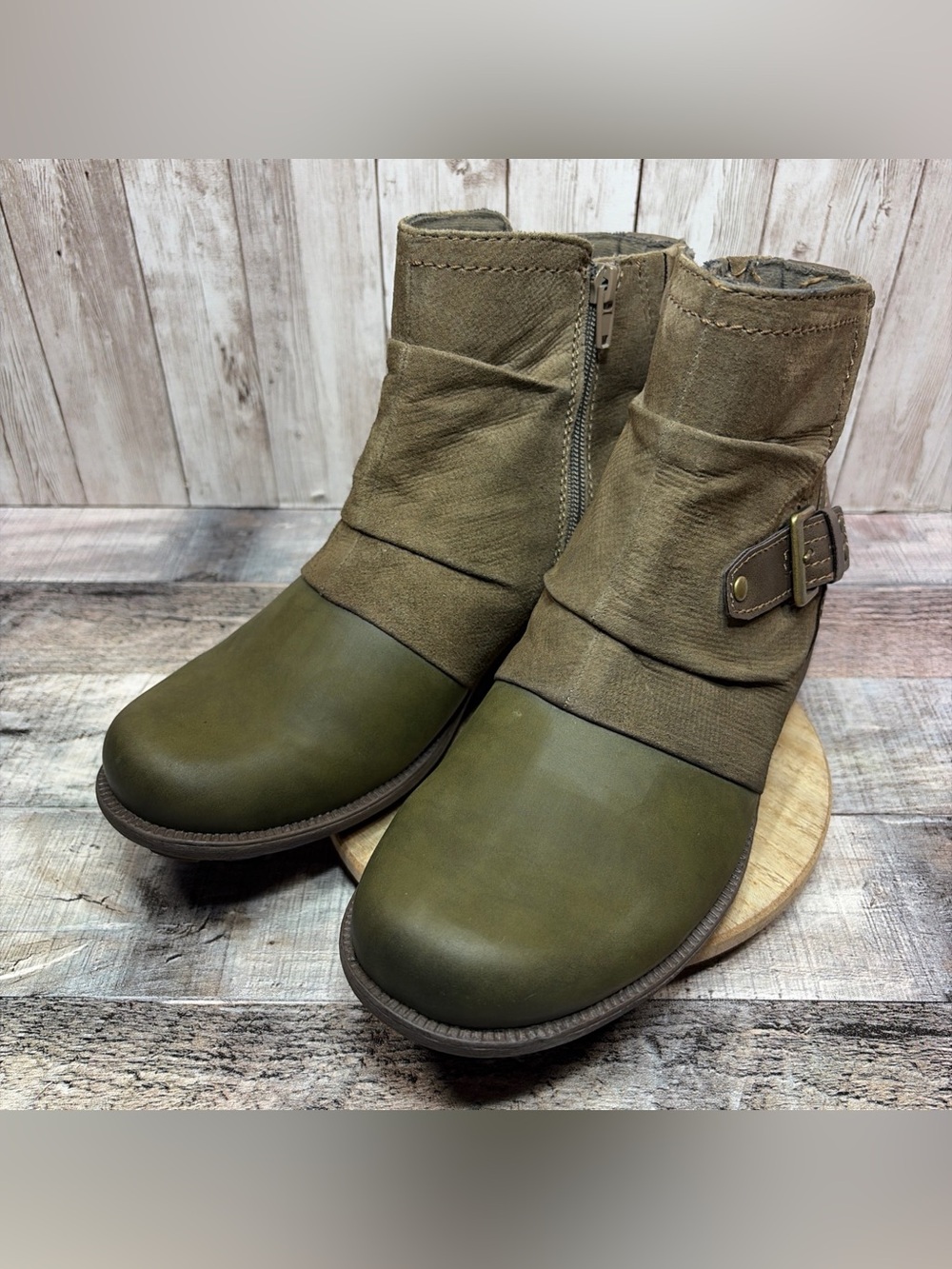 Earth Origins Phoenix Women’s Moto Olive Green Taupe Ankle Boots  Size 10 M - Picture 2 of 16